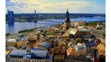 Beautiful aerial view of Riga, capital of Latvia, during the sunset