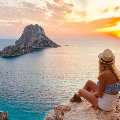 View of the El Vedra island, at the sunset, Cala Codolar, ibiza